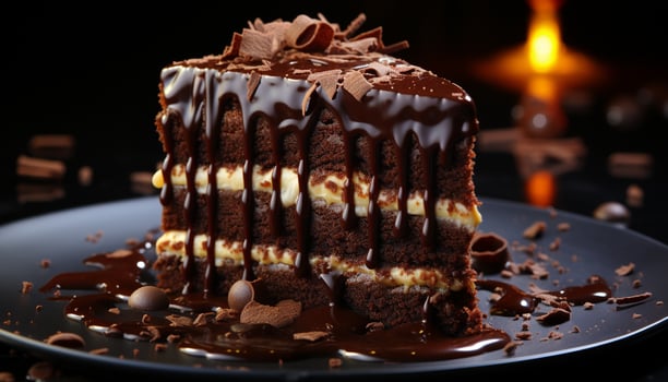 A slice of homemade chocolate cake on a dessert plate generated by AI photo