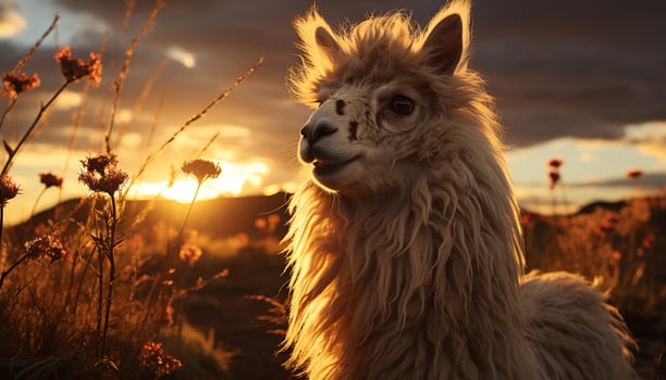 A fluffy alpaca grazes in the meadow at sunset generated by AI photo