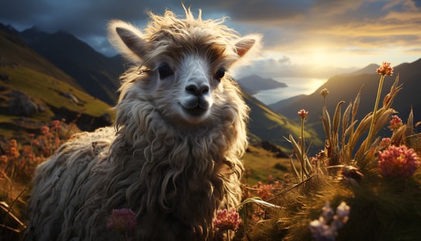 A cute alpaca gazes at the sunset in the mountains generated by AI photo