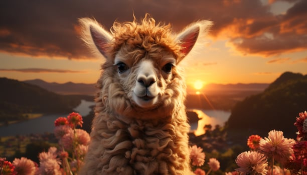 Cute alpaca grazing on a farm, enjoying the beautiful sunset generated by AI photo