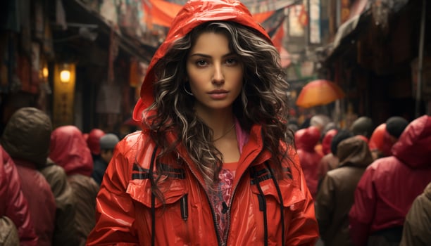 Young woman in raincoat smiling, walking in the autumn rain generated by AI photo