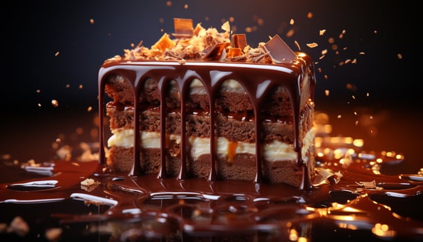 A decadent slice of dark chocolate cake, ready to eat generated by AI photo