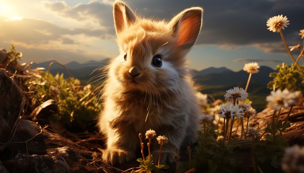 Fluffy rabbit sitting in meadow, enjoying the sunset generated by AI photo