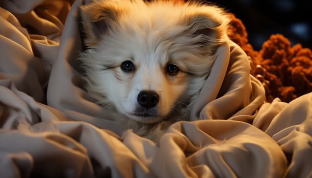 Cute puppy sitting, looking at camera, fluffy and playful generated by AI photo