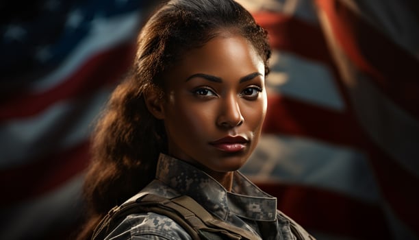 Young woman, proud veteran, American flag, confident, outdoors generated by AI photo