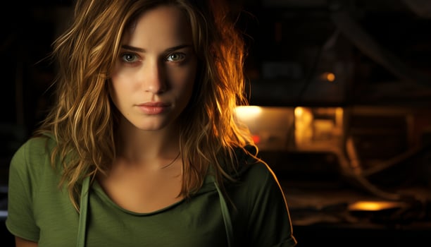 One young woman, confident and beautiful, looking at camera generated by AI photo