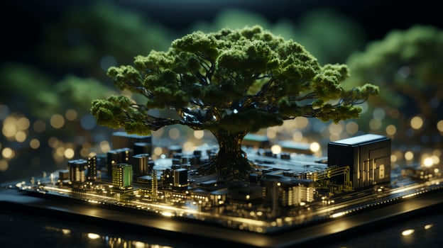 Green natural eco-friendly tree and computer technology on an abstract high-tech futuristic background of microchips and computer circuit boards with transistors photo