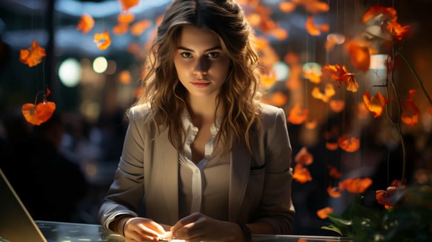 A beautiful businesswoman in a business suit works at a computer photo