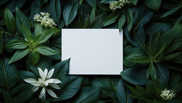 Creative layout made of green leaves and white card. Flat lay, top view, copy space. AI Generated. photo