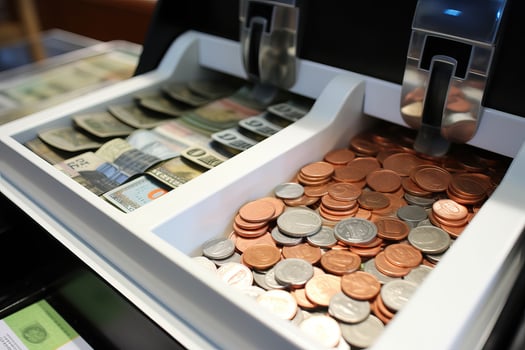 Cash register with coins in cash box, close-up view. AI Generated. photo