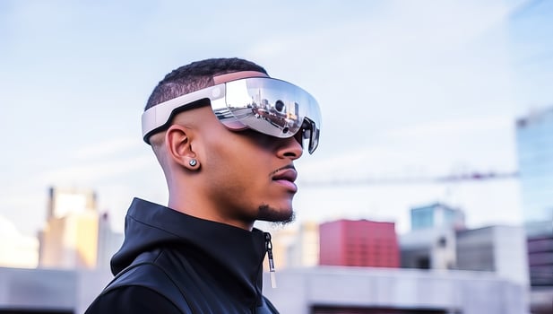 Portrait of a young african american man wearing virtual reality glasses. AI Generated. photo