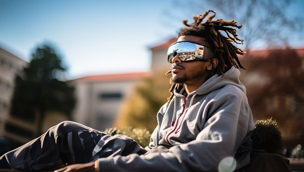 African american man with dreadlocks and sunglasses sitting on a bench. AI Generated. photo