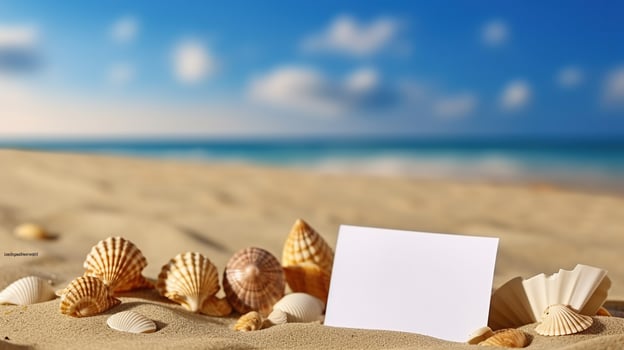 Messages from the Sea, Seashells and a Blank Card on Sandy Shores, Generative AI photo