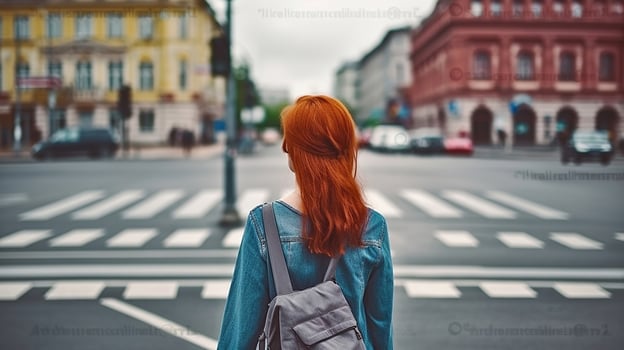 Back view of anonymous female with red hair standing near crosswalk. Generative AI photo