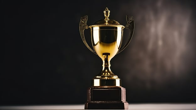 A Trophy over wooden table and dark background, Generative AI photo