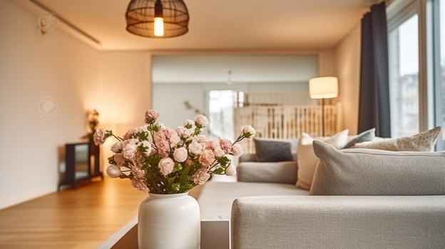 Contemporary living room interior with cushions on couch against blooming flowers in vase on table under lamp in house. Generative AI photo