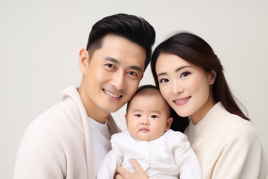 Ai generated Studio portrait of beautiful parents with infant baby holding on hands on different colours background photo