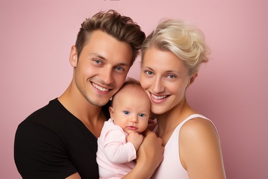 Ai generated Studio portrait of beautiful parents with infant baby holding on hands on different colours background photo
