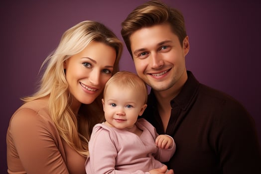 Ai generated Studio portrait of beautiful parents with infant baby holding on hands on different colours background photo
