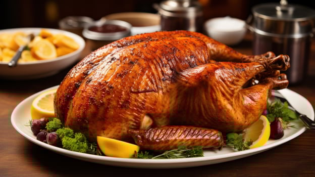 Close-up of golden-brown roasted turkey photo