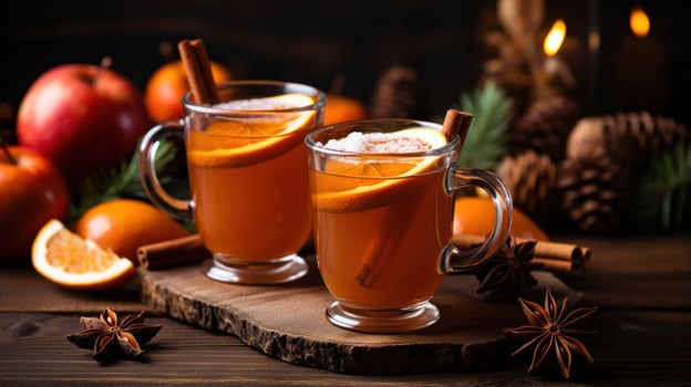 Warm apple cider served in cozy mugs photo
