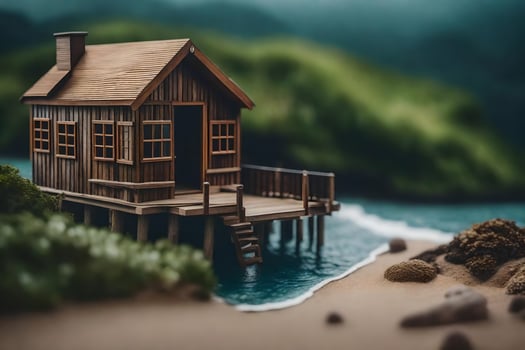 a miniature wooden house on the beach. AI-Generated photo