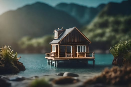 a tiny house on a dock in the middle of a lake. AI-Generated photo