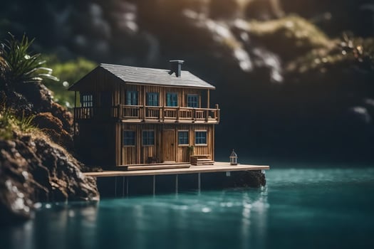 a miniature house on a dock in the water. AI-Generated photo