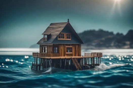 a miniature house on stilts in the ocean. AI-Generated photo