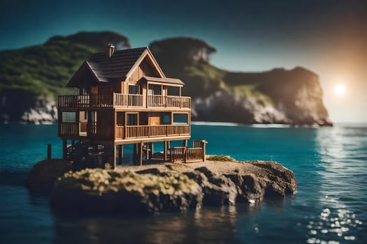 a miniature house on an island in the ocean. AI-Generated photo
