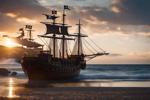 a pirate ship is on the beach at sunset. AI-Generated photo