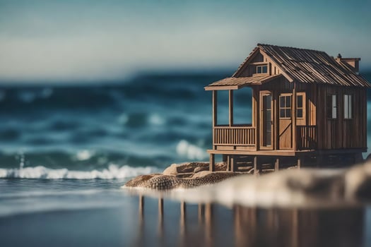 a miniature wooden house on the beach. AI-Generated photo