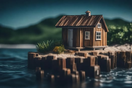 a small wooden house on a small island. AI-Generated photo