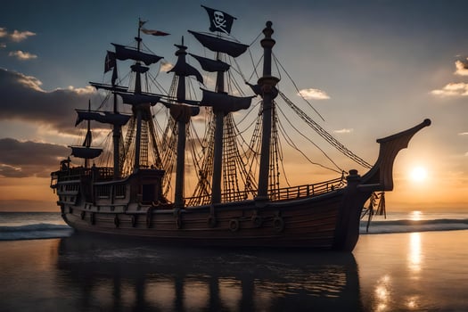 a pirate ship is on the beach at sunset. AI-Generated photo