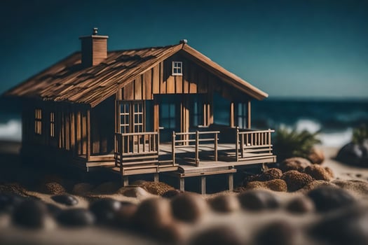 a miniature wooden house on the beach. AI-Generated photo