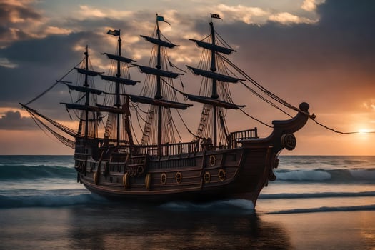a pirate ship is sailing on the ocean at sunset. AI-Generated photo