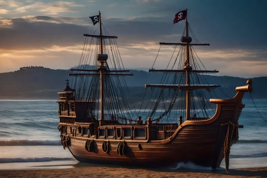 a pirate ship on the beach at sunset. AI-Generated photo