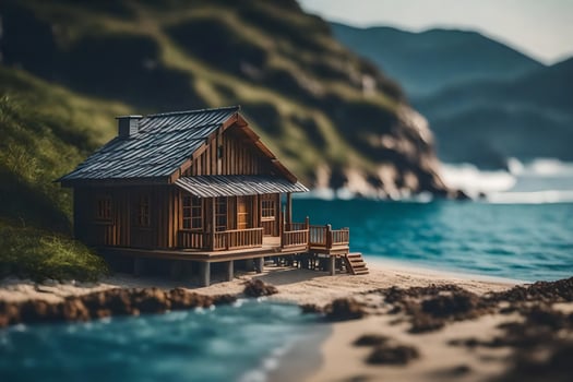 a miniature house on the beach by the ocean. AI-Generated photo