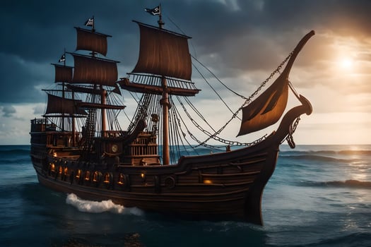 a pirate ship in the ocean at sunset. AI-Generated photo
