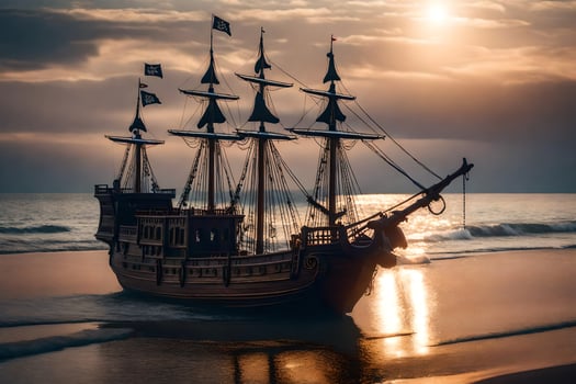 a pirate ship on the beach at sunset. AI-Generated photo