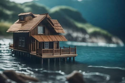 a miniature wooden house on a pier in the water. AI-Generated photo
