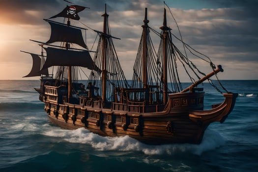 a pirate ship in the ocean at sunset. AI-Generated photo