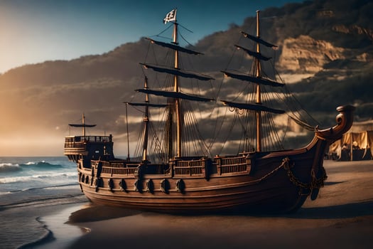 a pirate ship on the beach at sunset. AI-Generated photo