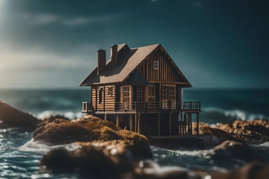 a small house on the rocks by the ocean. AI-Generated photo