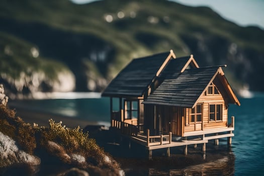 a small wooden house on a pier by the water. AI-Generated photo