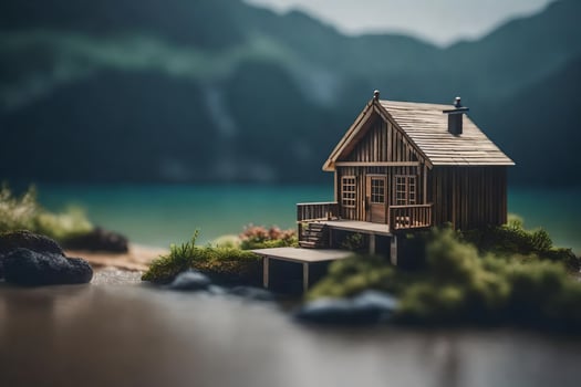 a miniature house on a small island by the water. AI-Generated photo