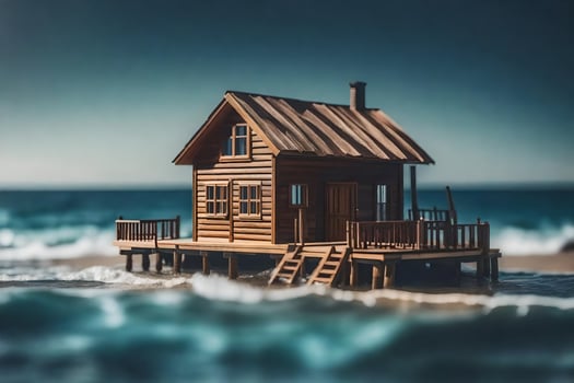 a miniature wooden house on the beach. AI-Generated photo