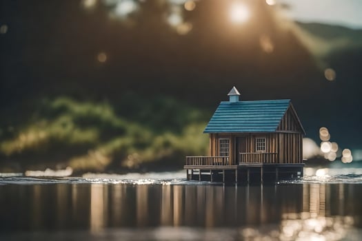 a small house on a small island in the middle of a lake. AI-Generated photo