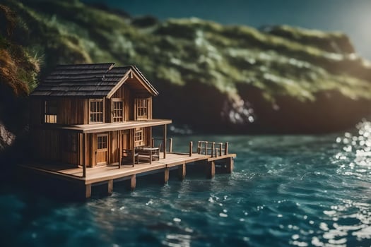 a miniature house on a dock in the ocean. AI-Generated photo