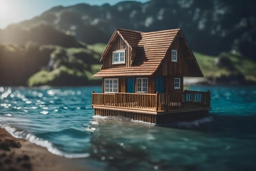 a miniature house floating on the water. AI-Generated photo